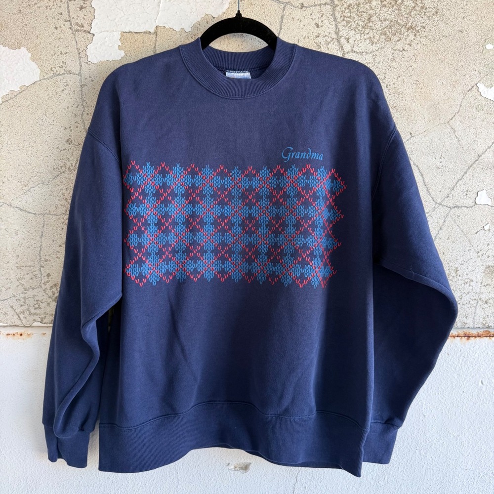 Vintage Grandma Sweatshirt Hanes Activewear 90s Crewneck Argyle Navy Large XL
